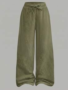 SHEIN Pantalones largos de unicolor con cintura con cordón, casuales y versátiles para uso diario para adolescentes - Verde militar - Ver 3