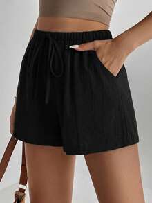 SHEIN Tall 女款純色彈性腰前打結口袋休閒短褲 - 黑色 - 查看 4