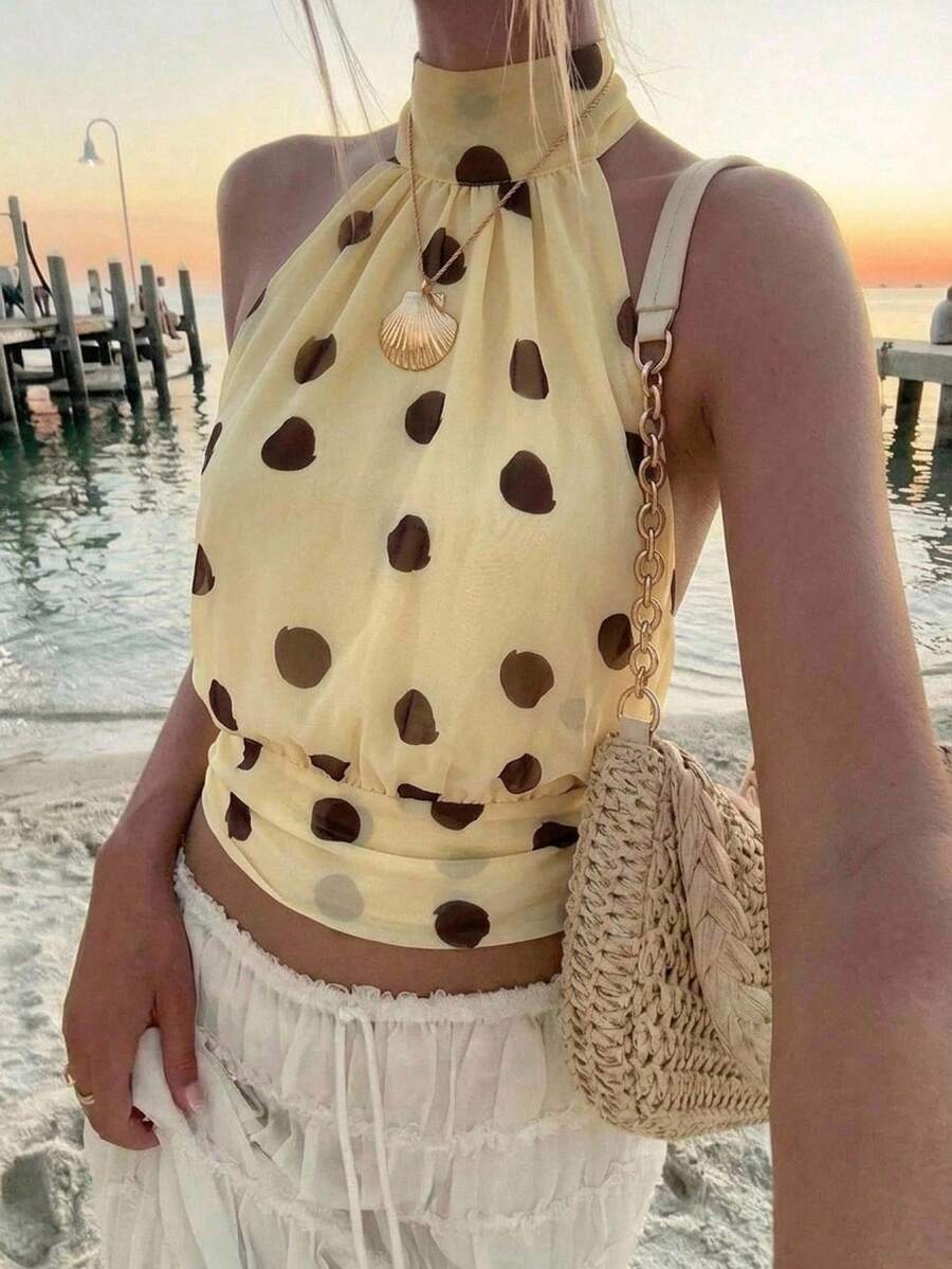 Aloruh Sexy Pale Yellow Polka Dot Backless Halter Top, Summer Summer Outfits  Clothes Beach  Boho  Tropical Vacation - Light Yellow - View 1