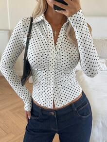 SHEIN EZwear 波點圖案長袖白色針織修身女款T恤，秋季上衣，適合日常通勤、約會、派對、秋冬/夏季、聖誕節、新年、感恩節、派對、婚禮、海灘 - 彩色 - 查看 5