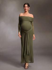 Cheriluna Maternity Maternity Off-Shoulder Solid Color Casual Party & Travel Dress Fall - Dark Green - View 5