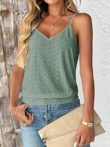 Breezaya Women's Solid Color Textured Hollow Out Camisole Vacation Sage Green Summer Boho Casual - Green - View 7