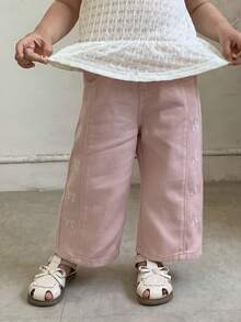 DAZY Baby Girl Bow Embroidery Korean Style Loose Denim Long Pants Toddler Fall - Pink - View 1