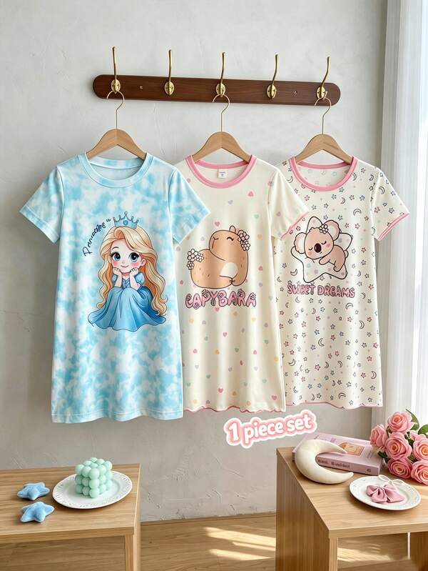 Young Girl Round Neck Letter Cartoon Pattern Casual Daily Home Sleep Dress
