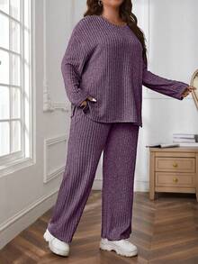 Shapeblank 2pcs Plus Size Solid Color Rib Knit Long Sleeve Top And Pants Set, Casual Autumn Fall - Purple - View 4
