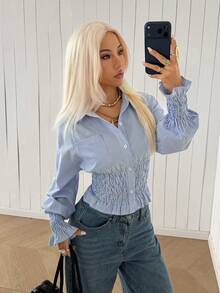 SHEIN EZwear 女款休閒法式優雅海濱風通勤城市度假辦公室藍白條紋抓皺腰上衣 教師節秋季 - 藍色 - 查看 7