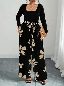Elenzga Plus Size Women's Floral Print Square Neck Long Sleeve Wide Leg Jumpsuit - Black - View 3