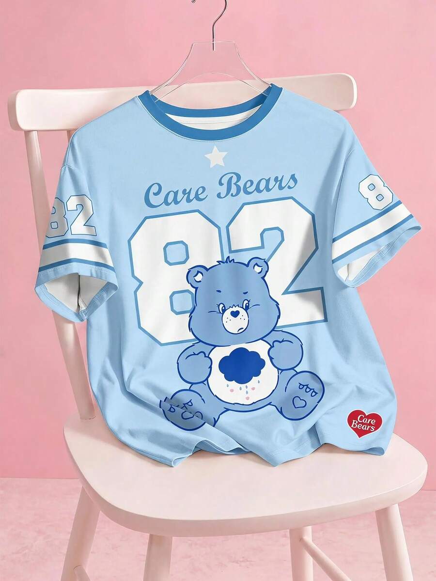 SHEIN X Care Bears 女士休闲数字和熊印花圆领短袖T恤,夏季 - 白色 - 查看 1