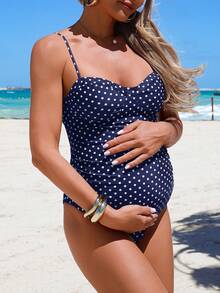 SHEIN 26SS 夏季海灘度假復古圓點鋼圈基本休閒孕婦連身泳衣 - 藏蓝色 - 查看 1