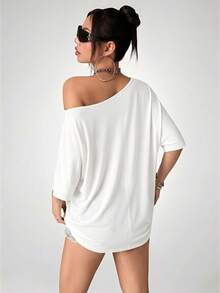 SHEIN ICON Grunge Punk 圖案印花美式街頭休閒寬鬆不對稱領口 T-shirt - 白色 - 查看 3