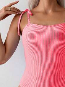 SHEIN Swim 女款條紋連身泳衣，適合度假與海灘 - 西瓜粉 - 查看 5