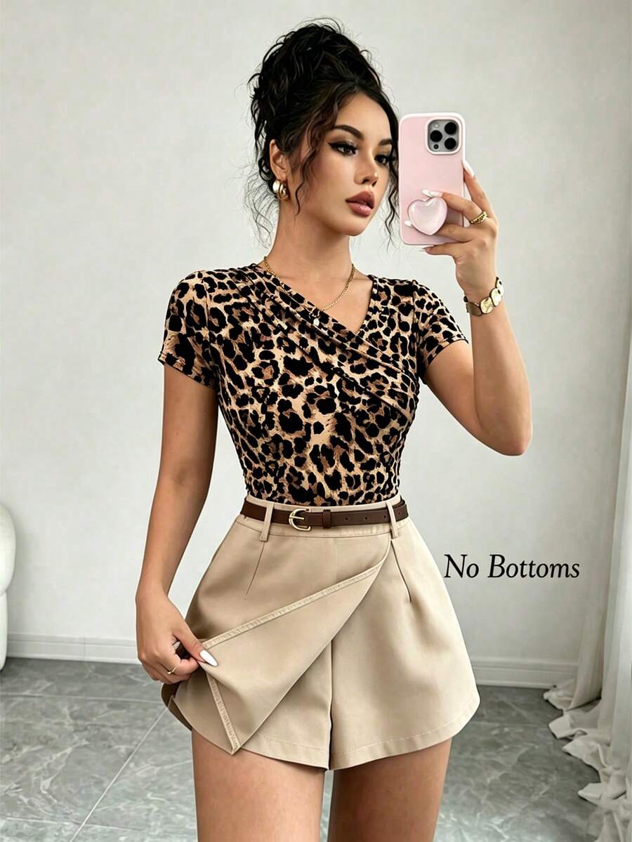 SHEIN Raffinéa Women's Fashion Short Sleeve Collar Patchwork Casual Sexy Commute T-Shirt Night Out Brunch Beige Summer - Brown - View 1