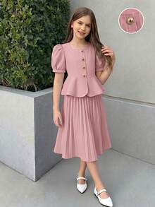 Elladie kids 女童方領泡泡袖優雅套裝，適合日常穿著、派對與外出 - 粉色 - 查看 6
