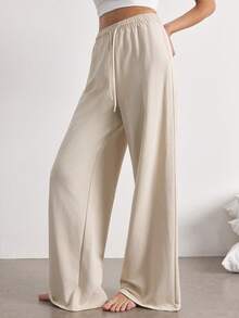 SHEIN Women's All-Season Basic Casual Fashion Minimalist Light Khaki Straight Leg Loose Fit Long Pants - Khaki - View 3