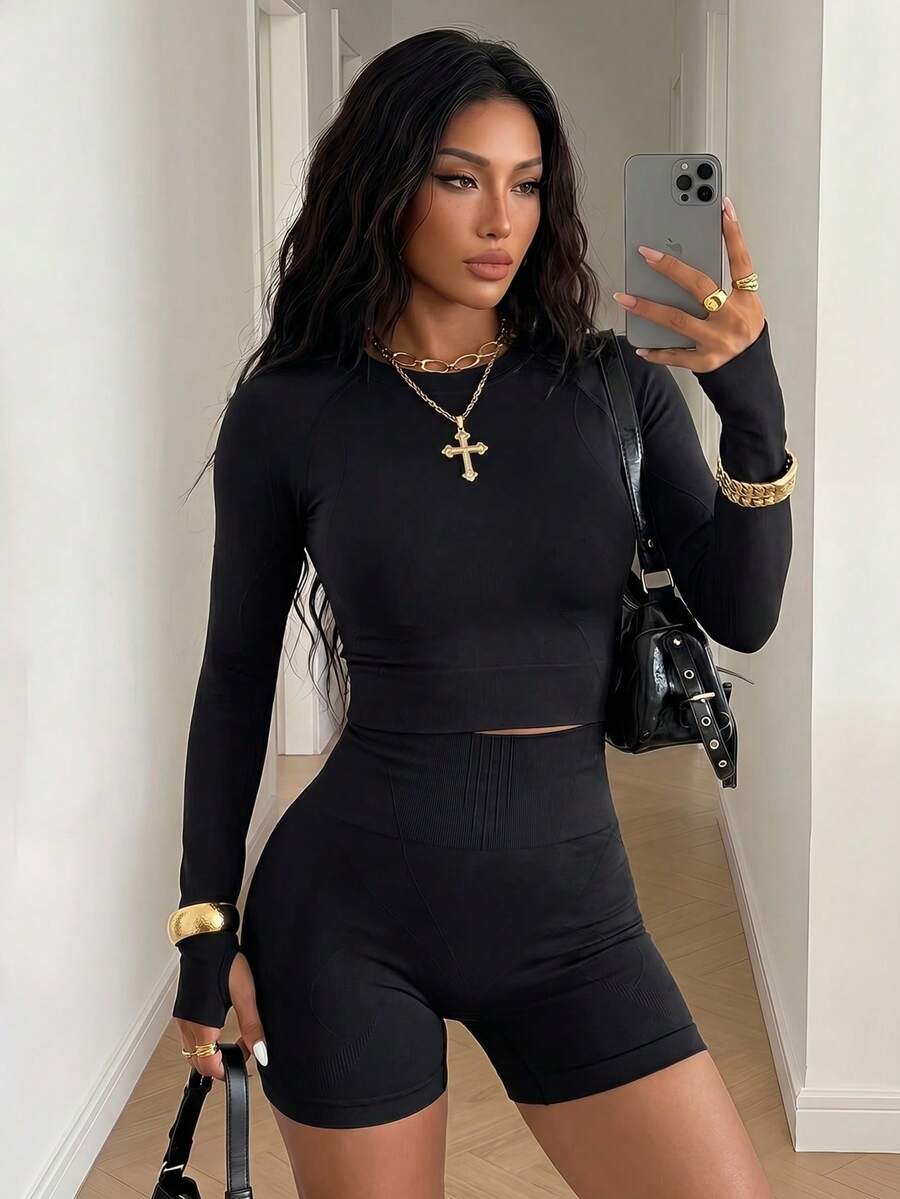StreetHx Quick-Drying Seamless High Stretch & Holes Sports Set Workout Set Outfit Set Workout Women Set Gym Women Outfit - Black - View 1