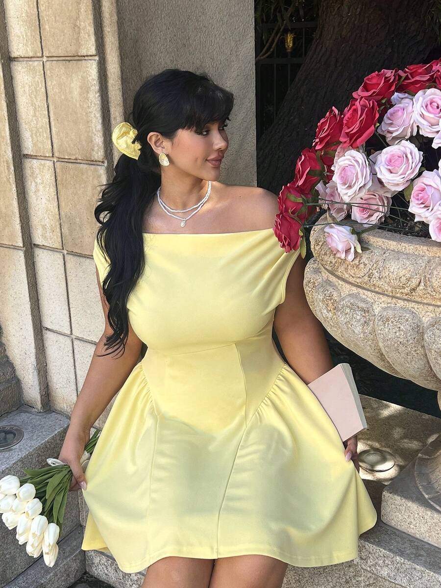 Lyrianda Plus Size Elegant Fairy Lady Style Butter Yellow Strapless Off ...