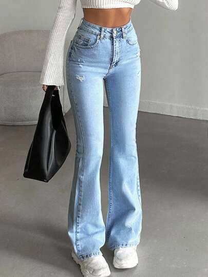 SHEIN Women High Waist Elastic Comfort Flare Light Washed Casual Tall Jeans Everyday Daytime Light Blue Summer