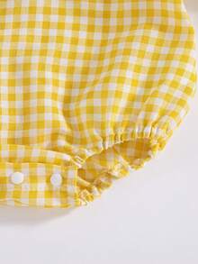SHEIN 女嬰鄉村風刺繡彼得潘領結飾荷葉邊袖口長袖連身衣 秋季 - 黃色 - 查看 8