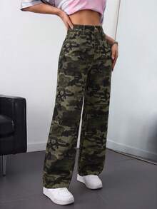 SHEIN ICON 大尺碼女款休閒口袋直筒牛仔褲 - 軍綠色 - 查看 4
