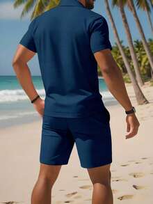 Manfinity Dauomo Setelan Kasual Pria: Kemeja Polo Lengan Pendek Warna Polos dan Celana Pendek - Navy Blue - View 2