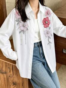 SHEIN 1件青少年女孩翻領長袖鈕扣襯衫，胸前刺繡圖案，休閒上衣，秋季 - 白色 - 查看 4