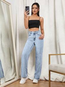 SHEIN EZwear 高腰直筒牛仔褲 - 淺色水洗藍 - 查看 4