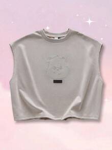 SHEIN X Care Bears 男士休闲卡通刺绣背心，夏季 - 杏色 - 查看 1