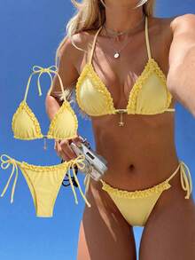 Elavelle Spring/Summer Women's Solid Color Halter Neck Ruffle Bikini Set - Yellow - View 3