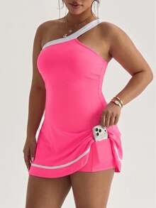 SHEIN Dewbera 2PCS Spring/Summer Sports Dress, Red Color Block One Shoulder Skirt With Contrast Stripe, Detachable Shorts And Pockets, Suitable For Casual Wear, Running, Yoga, Gym, Tennis, Golf - Hot Pink - View 4