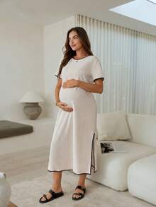 SHEIN Maternity Spring Summer Contrast Trim Split Dress Suitable For Beach Photoshoot Holiday Vacation Birthday Party Baby Shower Garden Street Casual Chic - Khaki - View 5