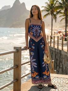 CAJUNI Women's Vacation Floral Print Asymmetrical Hem Camisole Top And Loose Casual Tropical Long Pants Set Beach Navy Blue Summer - Navy Blue - View 4