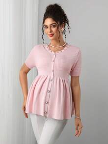 Momance Maternity Fitted Cardigan Sweater With Beaded Rhinestone Collar, Doll Hem Design, Round Neck Knit Short Sleeve For Casual, Elegant Baby Shower   Fall - Pink - View 4