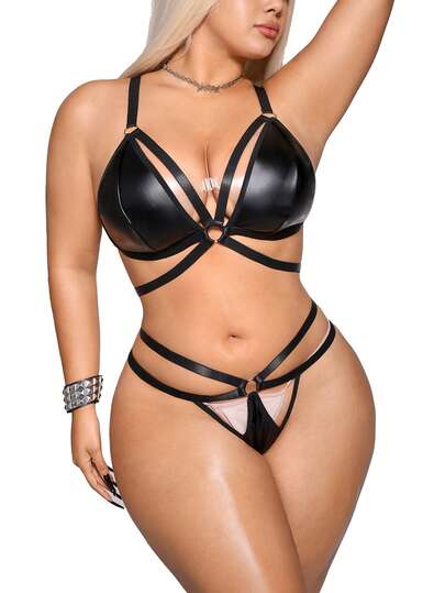 AltBold Plus Size Fashion Pioneer Punk PU Leather Top + Panties 2pcs Set