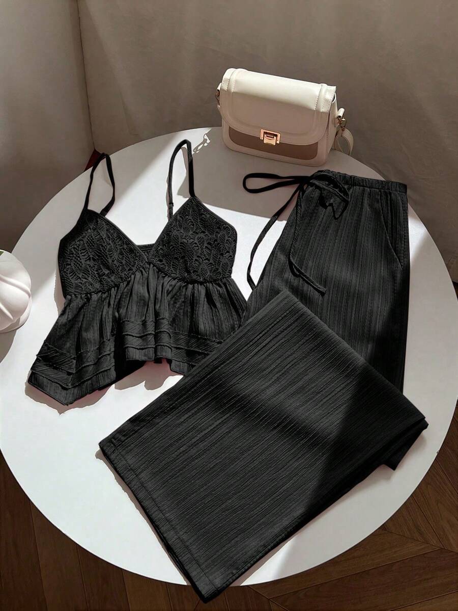 SHEIN Unity 女款套裝 紋理拼接細肩帶上衣搭配休閒抽繩口袋直筒長褲 - 黑色 - 查看 1
