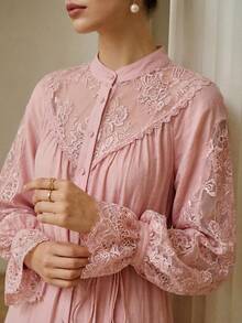 ZEYLAH Gaun Elegan Chiffon Mengkilap dengan Patchwork Renda - Dusty Pink - View 2