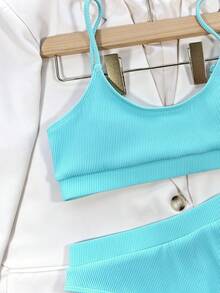SHEIN Swim 2026女款夏季海灘純色性感時尚比基尼兩件式泳衣套裝 - 藍色 - 查看 5
