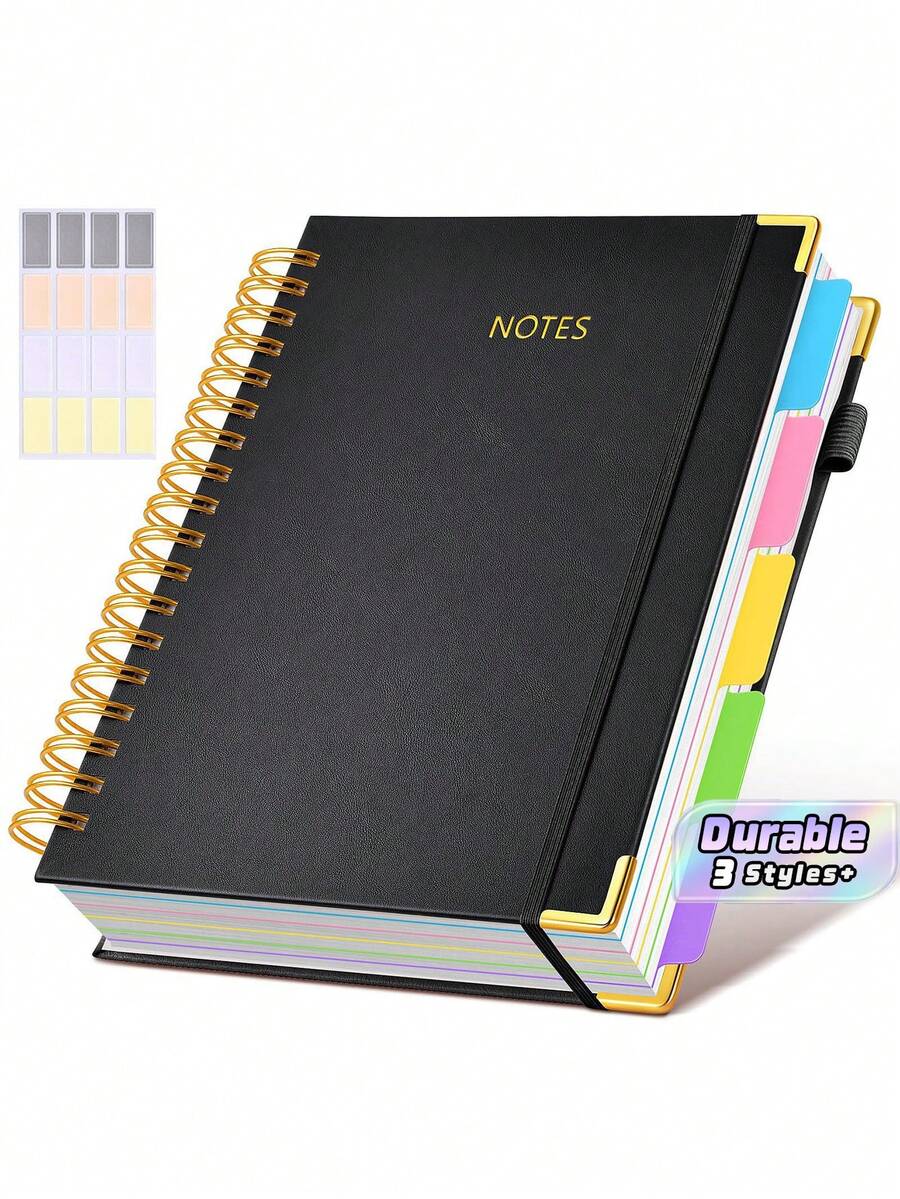 Retro A5 Spiral Notebook, 300 Pages PU Hardcover, 100gsm Lined Paper. Equipped With Dividers & Tabs For 5 Subjects, Perfect Student Planner, Journal For School, College & Office Use - multicolor - View 1