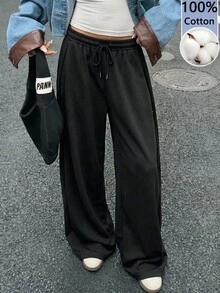 SHEIN EZwear 黑色針織女款抽繩腰寬腿寬鬆運動長褲 - 黑色 - 查看 3