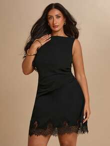 SHEIN BAE CURVE 大尺碼女款黑色蕾絲拼接無袖洋裝 - 黑色 - 查看 6