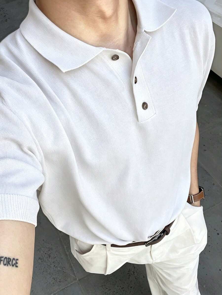 DAZY Atasan Rajut Putih Polos Setengah Kancing untuk Pria, Cocok untuk Musim Panas - Putih - View 1