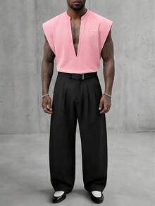 AXEPEAK Men's Metal Letter Patchwork Deep V-Neck Casual Tank Top - Pink - View 2