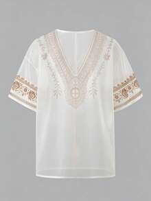 SHEIN Fiorisel Top semi-transparent à manches courtes avec imprimé motif pour femmes - Nude - Voir 2