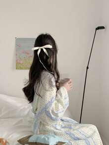 1件甜美復古花卉條紋女款輕量長袖浴袍，清新鄉村風居家服，四季適用 - 藍花 - 查看 11