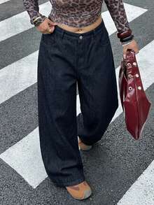 Dazy Plus Plus Size Washed Distressed Loose Wide Leg Long Denim Jeans Summer - Dark Wash - View 2