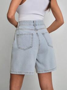 Women's Casual Everyday Pocketed Button Denim Shorts - Light Wash - View 2
