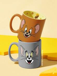 TOM & JERRY X SHEIN 卡通貓鼠陶瓷馬克杯，13.53oz/400ml 創意咖啡杯，內壁印有起司圖案，適合粉絲、居家、辦公室及送禮 - 灰色 - 查看 5