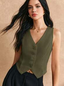 Poéselle Casual Chic Solid Color Minimalist Draped V-Neck Sleeveless Blazer With Decorative Button Details Teachers' Day Business Office Olive Green Summer - Green - View 2