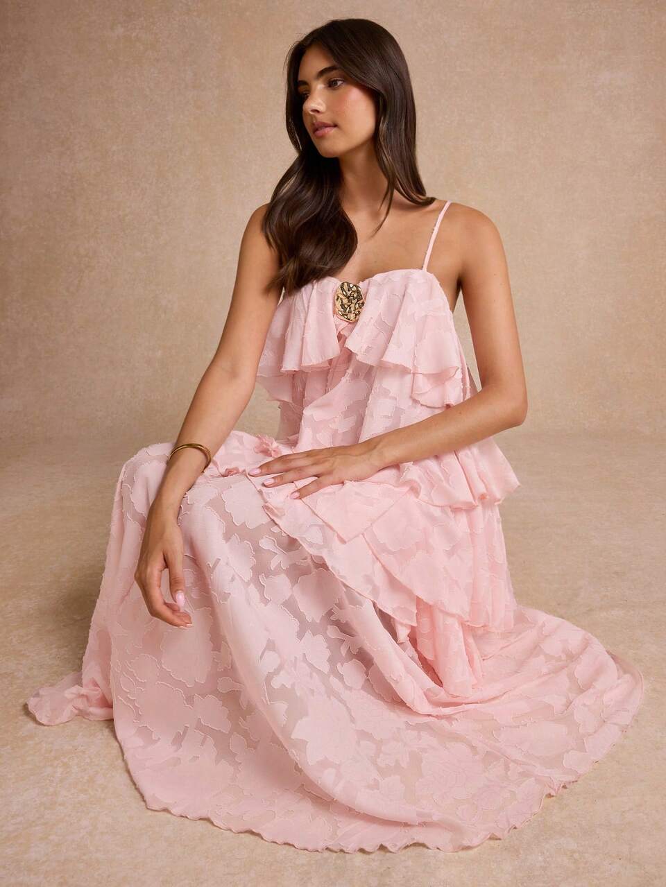Enchnt Premium Summer Romantic Women's Elegant Pink Ruffle Metal Decoration Long Dress,Vacation Dress,Graduation Dress,Wedding Dress,Festival Outfits