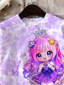 Young Girl Letter Cartoon Print Short Sleeve T-Shirt And Shorts Casual Daily Outfit - Multicolor - View 5
