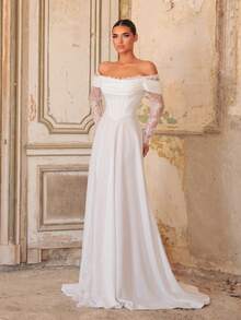 Aureia Elegant Luxurious White Elastic Knit Contrast Lace Cold Shoulder Sheer Sleeve Ruched V-Waist A-Line Hem Wedding Event Bridal Gown Evening Dress - White - View 4